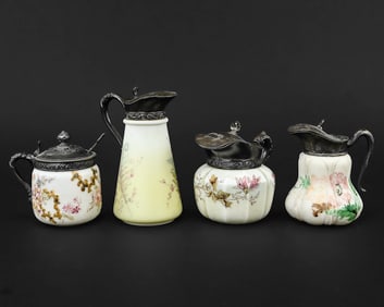 4 Pieces Satin & Milk Glass Syrup and Sugar