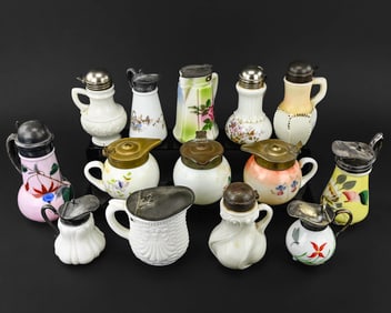 Fourteen Pieces of Hand-Decorated White Milk Glass EAPG