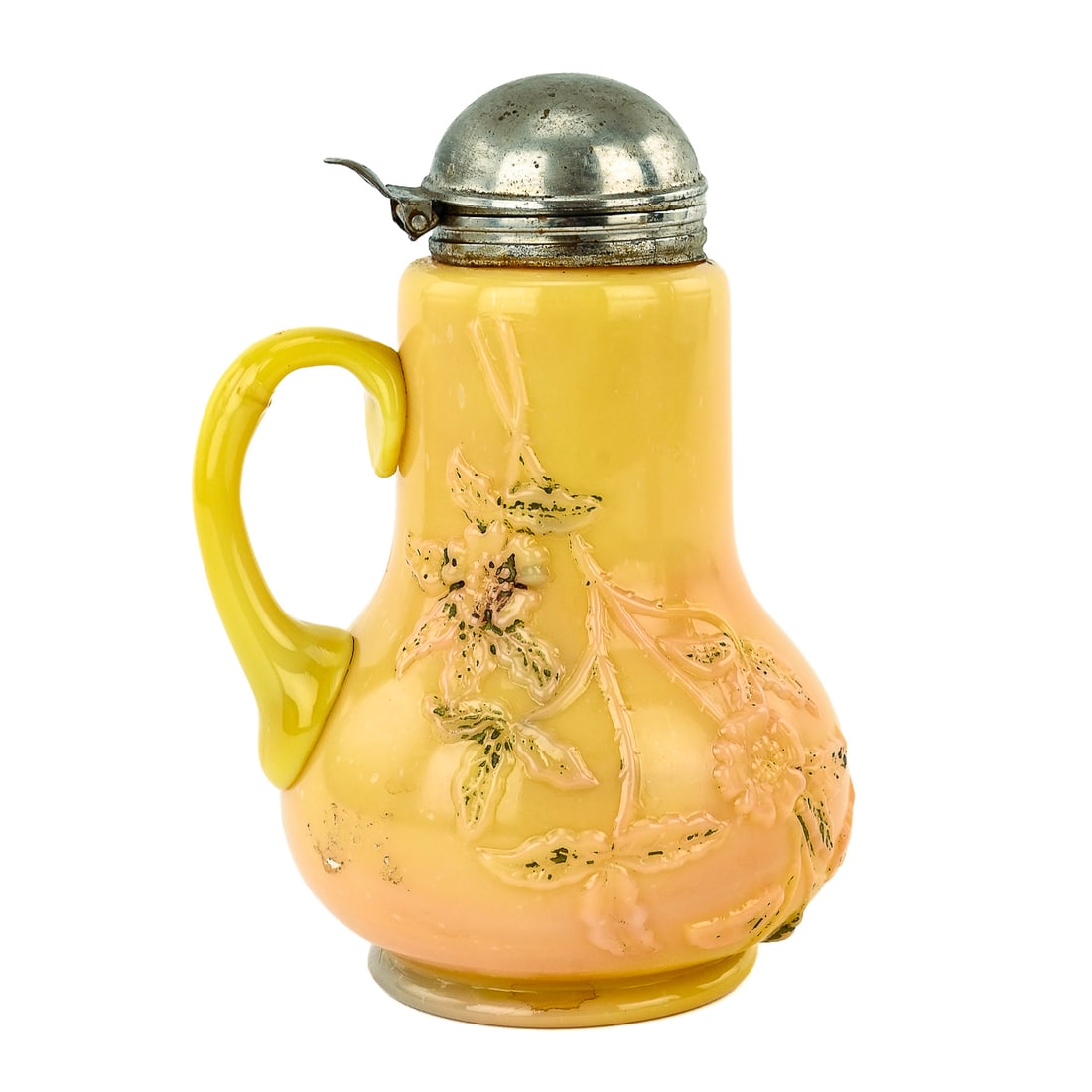 Viking Rose Syrup Pitcher: Viking Rose by New Martinsville syrup pitcher, pattern P.45 (also marked 2.896), with raised floral decoration that appears to have been painted originally. Features an applied handle and original met