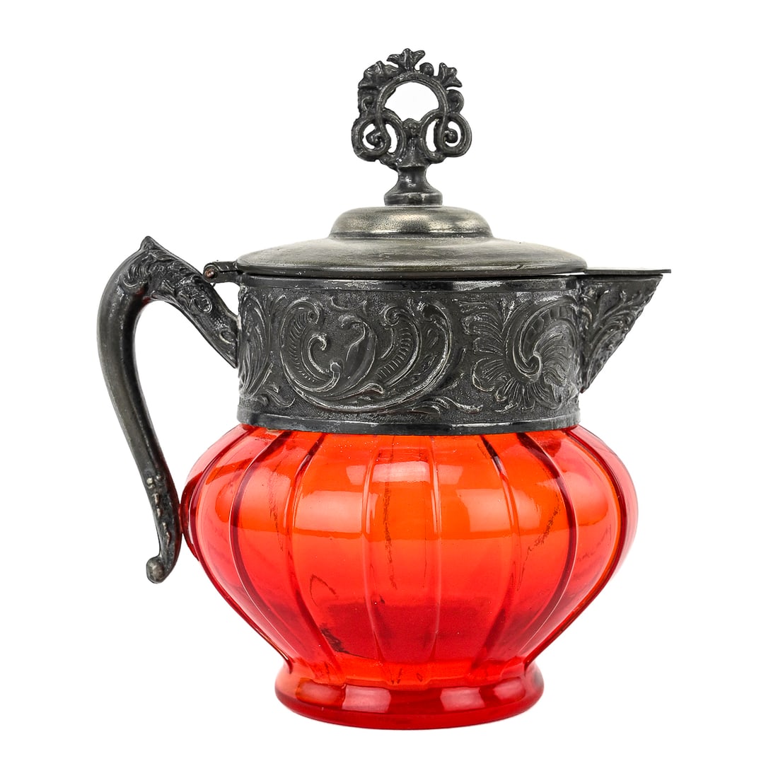 Ornate Ruby Red Pressed Glass Syrup Pitcher (1 of 7)