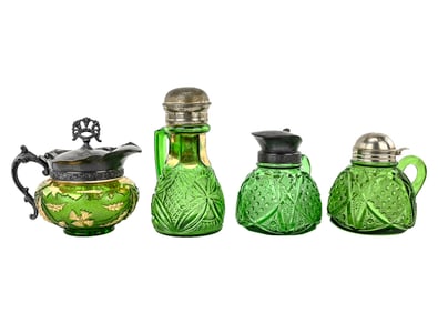 Four Emerald Green Syrup or Molasses Pitchers
