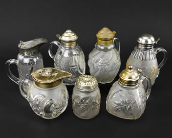 Seven Frosted Floral Motif Decorated Glass Pieces