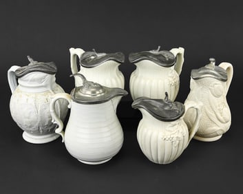 Group of Six Havelock & Other Stoneware Syrup Pitchers