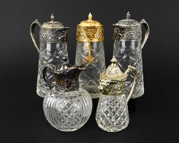 5 Brilliant Period Style Cut Glass Syrup Pitchers
