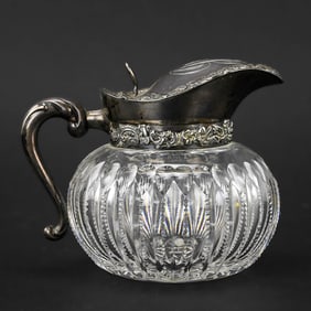 Sterling Silver Lid Cut Glass Syrup Pitcher