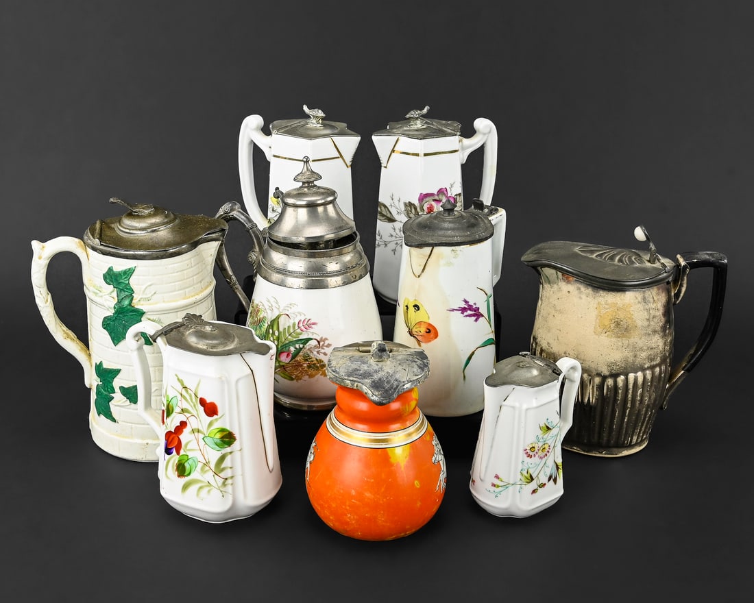 9 Decorated Ironstone & Pottery Syrups: 9 Decorated Ironstone & Pottery Syrups