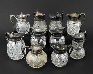 10 Cut Glass Syrup Pitchers w/ Silver Lids