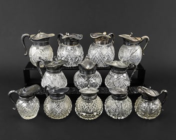 12 Silver Plate Cut Glass Syrup Pitchers