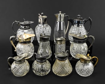 Group of 12 Silver-Plated & Cut Glass Syrups