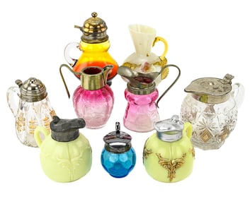 9 Assorted Decorative Glass Syrup Pitchers