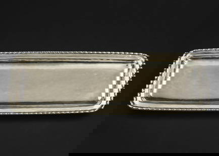 1920 Georg Jensen Danish 830 Silver Pen Tray: 1920 Georg Jensen 830 silver pen tray having subtle beaded edge and hand-hammered finish, set on 4 ball feet, mkd. "78" some minor surface abrasion, overall very good condition 10.5" x 3.75" 7.3 troy