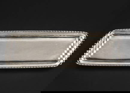 1920 Georg Jensen Danish 830 Silver Pen Tray: 1920 Georg Jensen 830 silver pen tray having subtle beaded edge and hand-hammered finish, set on 4 ball feet, mkd. "78" some minor surface abrasion, overall very good condition 10.5" x 3.75" 7.3 troy