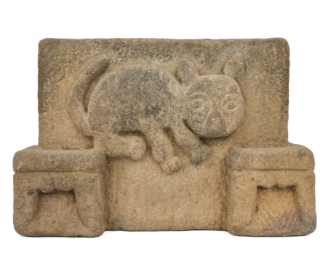 Ming Dynasty (1368-1644) Kang Bed Cat: Northern Chinese Ming Dynasty (1368-1644) kang bed stone sculpture with cat (with red seal), 15" x 5" x 10"