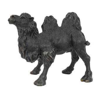 Japanese Meiji Bronze Camel Sculpture: Japanese Meiji period (1868-1912) bronze Okimono (table ornament), detailed patinated bronze sculpture of a Bactrian camel, unsigned, excellent condition, length 11", ht 9"