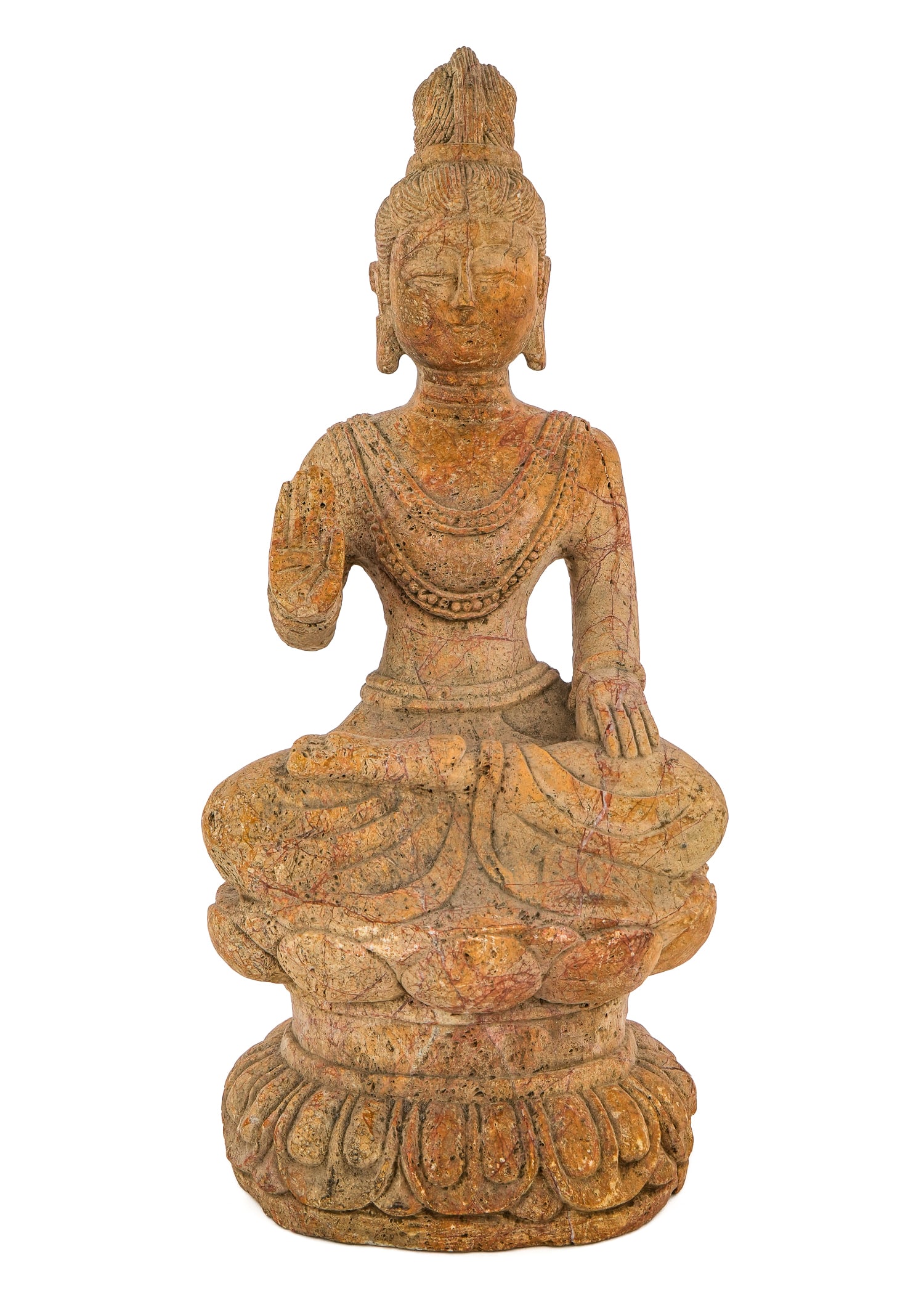 Early 20th c Chinese Stone Buddha: Early 20th c 20th Chinese stone Buddha, seated on a Lotus flower, ht 20 1/2"