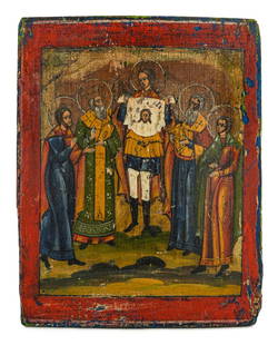 19th c Russian Icon Miracle of St Michael Archangel: 19th c Russian icon Miracle of St Michael Archangel with Saint Flaurus & Saint Lorus, teaching the 2 brothers how to control horses and understand their language, egg tempera on gesso & wood, 14 1/2"