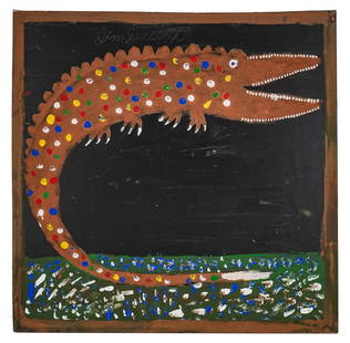 Jim Lee Sudduth (AM 1910- 2007) A Gator: Jim Lee Sudduth (American 1910-2007) (Sometimes Jimmy Lee Sudduth) Gator- pigment hand applied to panel, 24 x 24" signed Upper center - In 1976, Sudduth was invited to play harmonica and exhibit some