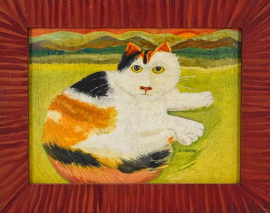 Rita Masso (VT Contemporary) Calico: Rita Masso (Vermont Contemporary) Calico oil on canvas with mountains in background 11 x 15" 15 x 19" as framed. Masso is a Burlington Vermont based artist who has worked in an American vernacular sty