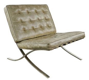 Unmarked Barcelona Chair: Unmarked circa 1980 Barcelona style chair after Mies Van Der Rohe 30 x 30 x 33" with grey naugahyde upholstery