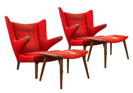 Pair of Hans Wegner for AP Stolen Papa Bear Chairs: Pair of Hans Wegner for AP Stolen - with Control Danish Furniture Makers tags "Papa Bear" Chairs in as found condition, with original tags, structurally in very good condition with two matching ottoma