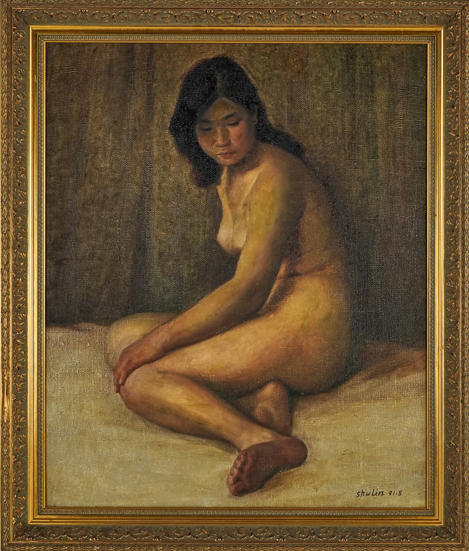 Ma Shulin / Ma Shu-lin (CH 1956-) Seated Nude: Ma Shulin (Chinese 1956-) Seated nude oil on canvas 24 x 20" 27 x 23" as framed. Ex. Wallace Westfeldt Collection - Ma Shulin is a Chinese artist with a long and varied career ranging from teaching at