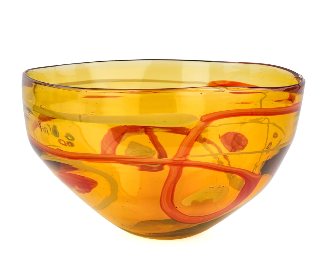 Contemporary Murano Style Centerpiece Bowl: Contemporary Murano type blown art glass oversized amber centerpiece bowl having red and opalescent loop decoration and millefiori canes, ground pontil base, overall good condition 8.5" x 15"