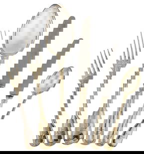 49 pc. German 800 Silver Flatware Set: 49 pc. German 800 silver fiddle thread motif flatware set consisting of 12 dinner forks, 6 hors d'oeuvre forks, 7 teaspoons, 6 tablespoons, 12 dinner knives with stainless steel blades, and 6 fruit kn