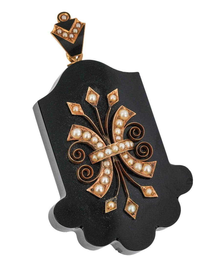 Victorian Jet 14k & Pearl Pendant: 19th c Victorian jet pendant with 14k yellow gold mountings, ornate front design with seed pearls, and back hair mourning locket. 2 1/2" long including top loop.