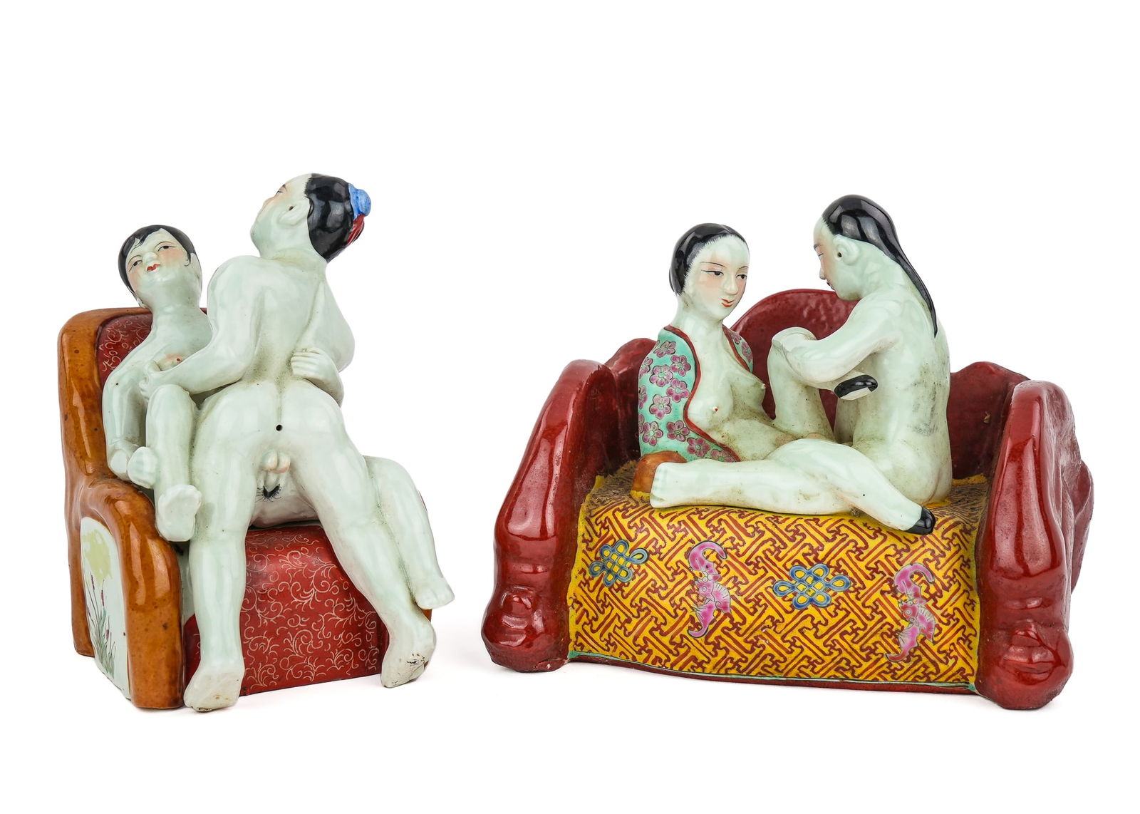 Early 20th c Chinese Erotic Porcelains: Two Early 20th c Chinese erotic porcelain figural groups, famille rose enamel decoration, 8" x 5" x 6 1/2", 6" x 4" x 6 1/2"