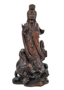 19th-Early 20th c Carved Rosewood Guanyin: 19th-Early 20th c carved rosewood Guanyin, a bodhisattva prominent in East Asian Buddhism, retains red wax tag, ht 14 3/4"