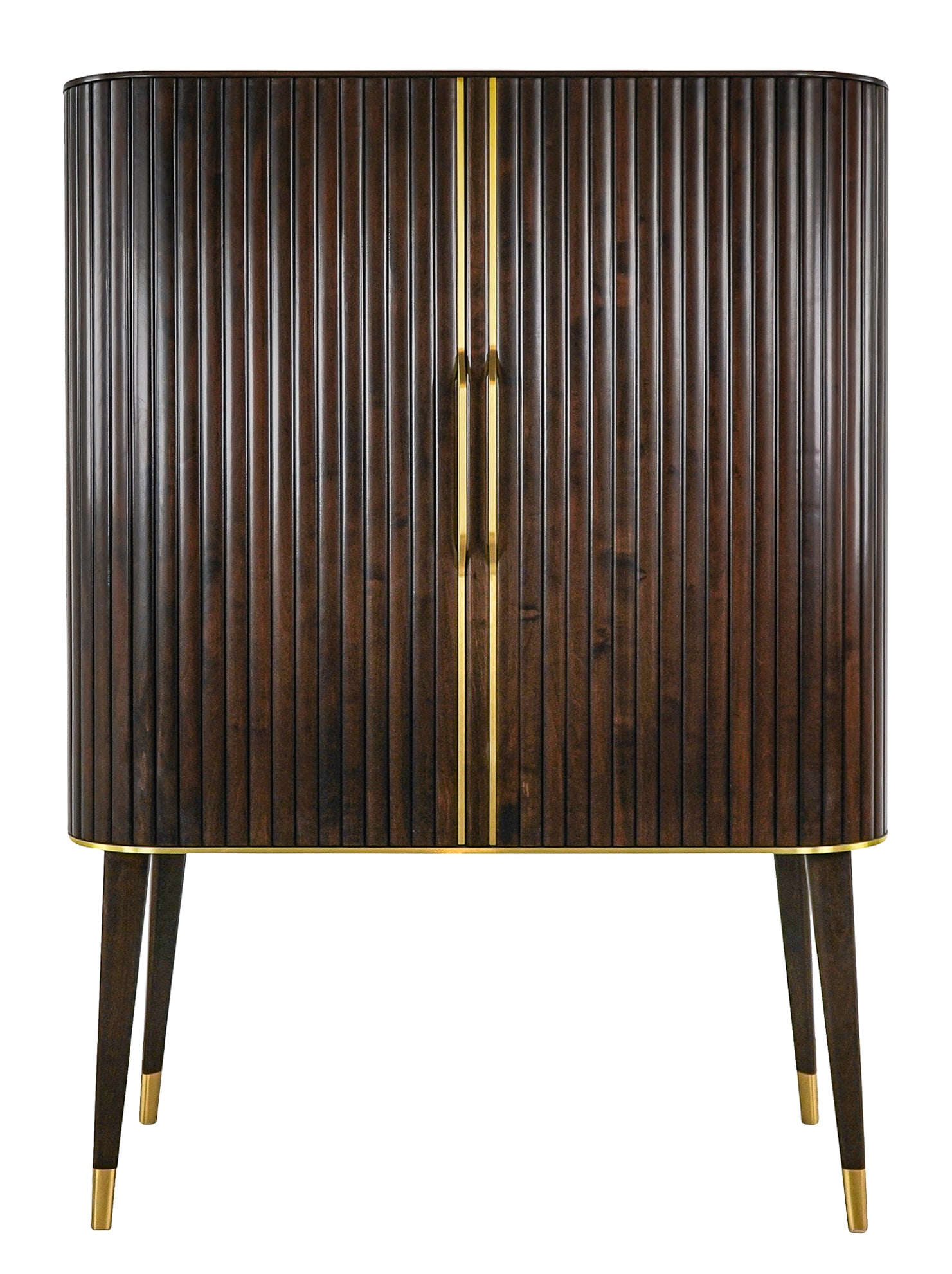 Sacha Lakic for Roche Bobois "Eden Rock" Bar Cabinet: Sacha Lakic for Roche Bobois "Eden Rock" mahogany bar cabinet with tambour front, and brass appointment, lighted interior, 59 x 43 x 22" w