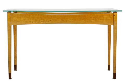 Bench made tiger maple console table: Bench made figured maple console table with glass top, walnut pegs and appointments 29 x 48 x 14"