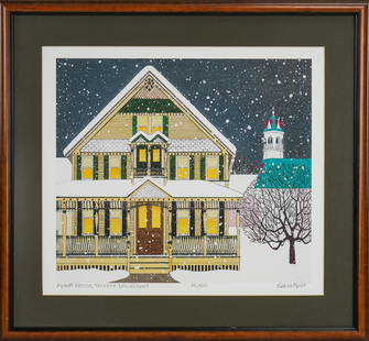 Sabra Field (VT 1935-) Abbot House: Sabra Field (Vermont 1935-) Abbot House Vermont Law School. IRIS print Signed lower margin editioned 15/50 plate 13.5 x 15.5" 21 x 23" As framed. Field is one of Vermont's most recognized artists, wit