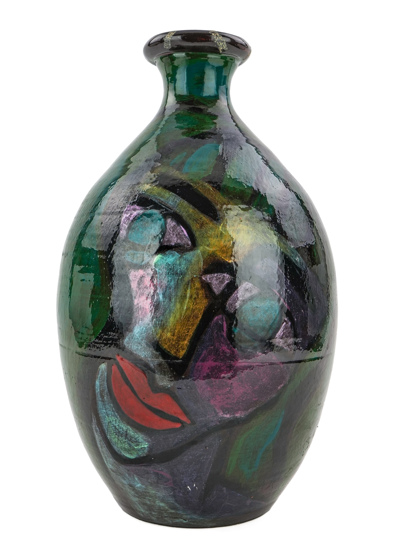 Mattie Leeds '93 Cubist Figural Pottery Vase: Mattie Leeds (1950-) Santa Cruz, CA late 20th c. studio pottery vase having well-executed underglaze abstract cubist portrait decoration on redware base, signed underneath "Mattie Leeds '93", overall