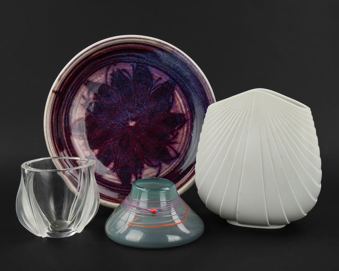Art Glass and Pottery incl. Lalique, Rosenthal: Group of art glass and pottery including Lalique frosted French crystal tulip decorated vase, signed "A. Young '83" threaded blown glass squat vase, Max Fussi for Rosenthal Studio Linie white bisque p