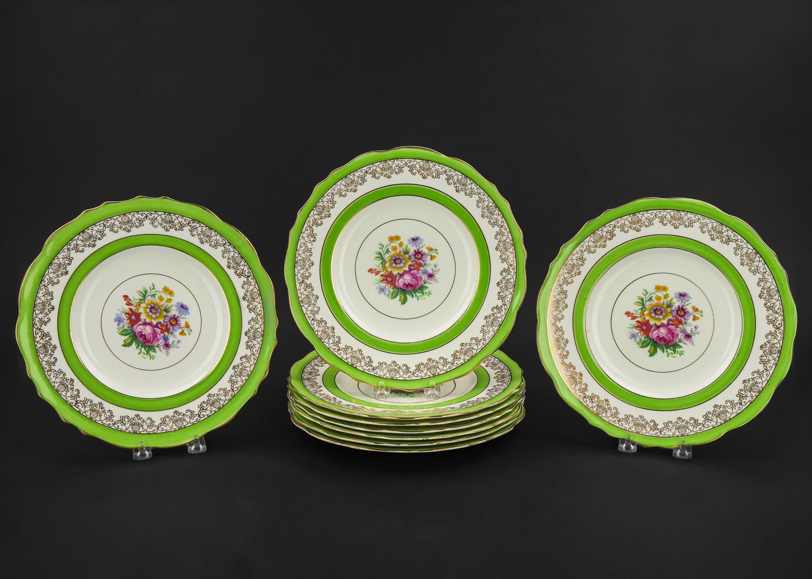 9 Cauldon Floral Porcelain Dinner Plates: Set of 9 Cauldon English bone china porcelain dinner plates having chartreuse Spring green bands surrounding floral decoration dia. 10.5" overall very good condition