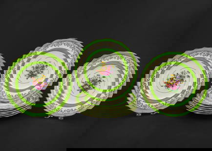 9 Cauldon Floral Porcelain Dinner Plates: Set of 9 Cauldon English bone china porcelain dinner plates having chartreuse Spring green bands surrounding floral decoration dia. 10.5" overall very good condition