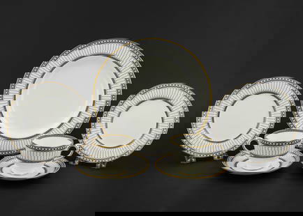 37 pcs. Wedgwood Colonnade Porcelain Dinnerware: 37 pcs. Wedgwood "Colonnade" pattern English bone china porcelain tableware having black and white neoclassical ribbed decoration including cups and saucers, side plate, etc. overall good condition