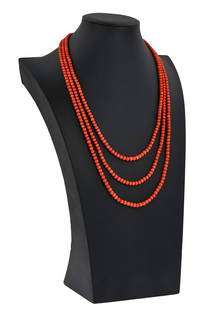 14k & Triple Strand Coral Bead Necklace: 14k yellow gold triple coral bead strand necklace. 5 mm beads, 3 strands from 22" to 25" long. Clasp set with a cabochon coral center in 14k yellow gold with yellow gold beads connecting to strands. V