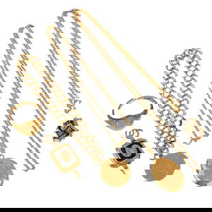 Vintage Yellow Gold Jewelry: A group of vintage yellow gold jewelry including a 14k chain and locket, 14k charm bracelet with one charm, 10k mens ring with DM intials, 10k & onyx fraternal key and pin (with small diamond), and a