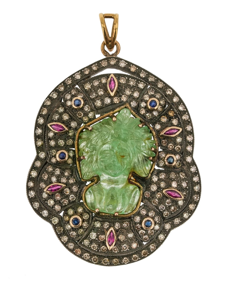 Antique Carved Emerald, Ruby, & Old Mine Cut Diamond Pendant (1 of 4)