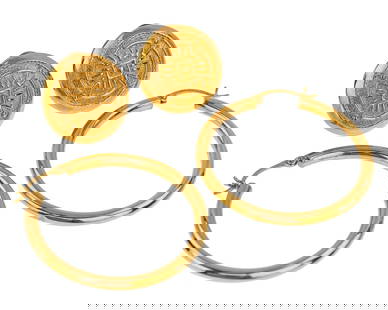 2 Pair 14k Yellow Gold Earrings: 2 Pair of 14k yellow gold earrings including a pair of hoops, 1 1/2" diameter. And Discs, 3/4" diameter. 12.48 grams t.w.