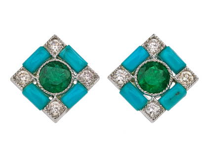 Turquoise Diamond & Emerald Earrings: 14k white gold earrings in a Art Deco design having 10mm square set with a center .4 ct round cut emerald, 4 .04 ct diamonds on each corner, connected with Turquoise bars. Beautiful design, post backs