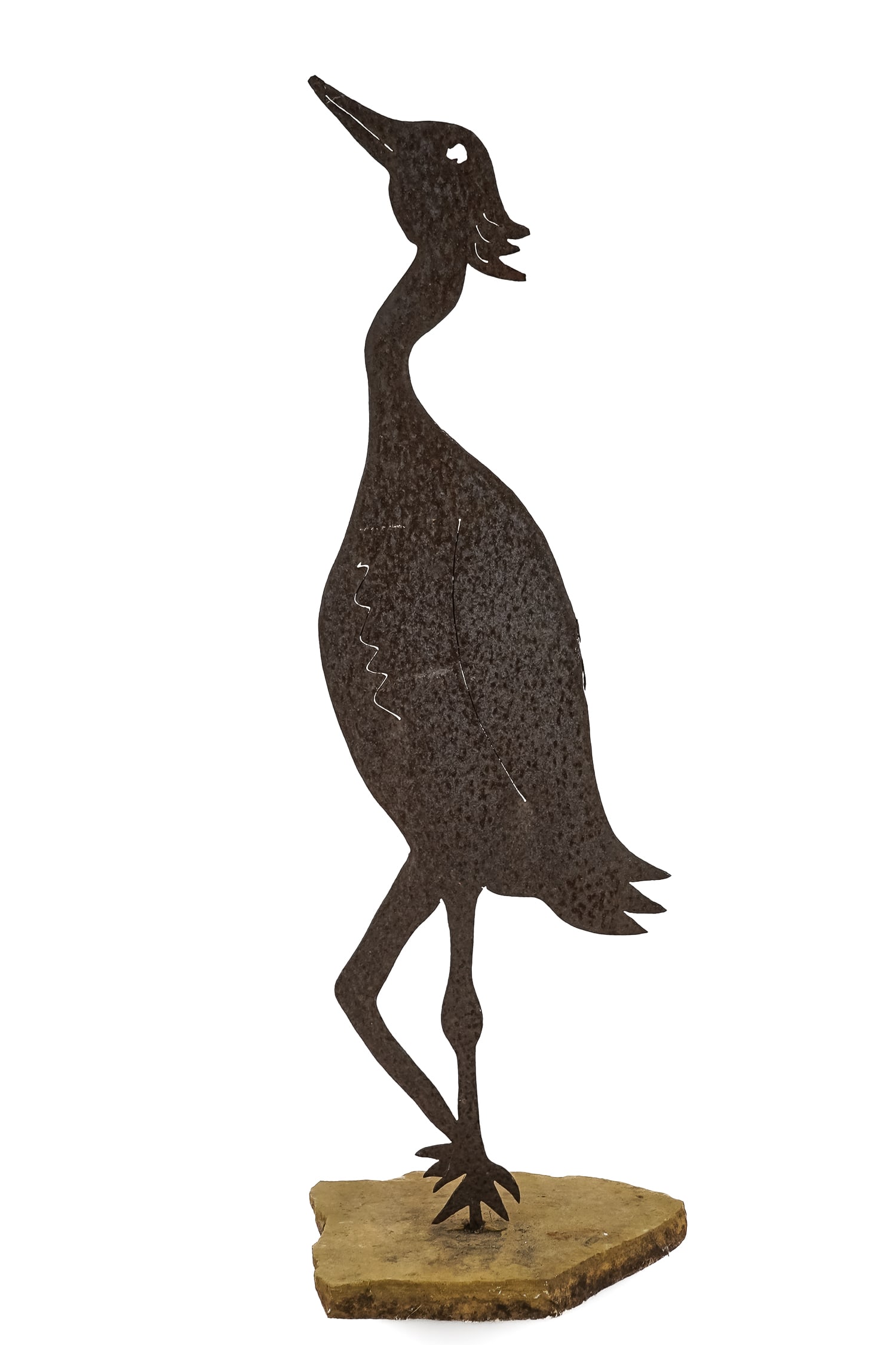 Cut Steel Metal Crane Sculpture: Mid 20th c cut steel and welded crane sculpture, mounted on a rock (rod sticks out underneath) for outdoor use as a lawn ornament, ht 43"