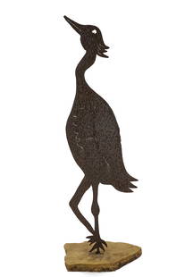 Cut Steel Metal Crane Sculpture: Mid 20th c cut steel and welded crane sculpture, mounted on a rock (rod sticks out underneath) for outdoor use as a lawn ornament, ht 43"