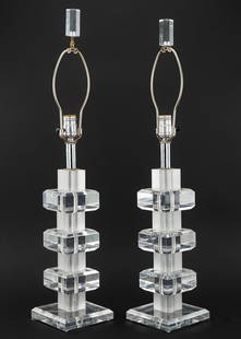 Mid 20th c American Marlee Lucite Table Lamps: American 1970's signed Marlee lucite table lamps with alternating frosted and clear square blocks, signed on bases, overall ht 29"