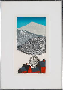 Sabra Field (VT 1935-) Hill Farm Winter: Sabra Field (Vermont 1935-) Hill Farm Winter woodblock on paper signed lower margin plate 9.5 x 5" 16 x 11.5" as framed Field is one of Vermont's most recognized artists, with works spanning the decad