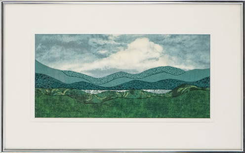 Joan Allen (VT contemporary) Green Mountain Spring: Joan Allen (Vermont contemporary) Green Mountain Spring cut fabric collage. 6 x 11" 11 x 16" as framed. Allen is a Middlebury VT artist who rarely comes to auction.