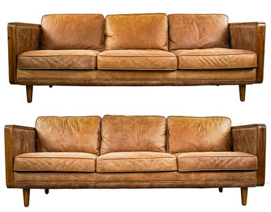Pair of Woodworth Wooden Industries Leather Sofas: Pair of Woodworth Wooden Industries leather sofas, in good overall condition. 28 x 82 x 33"