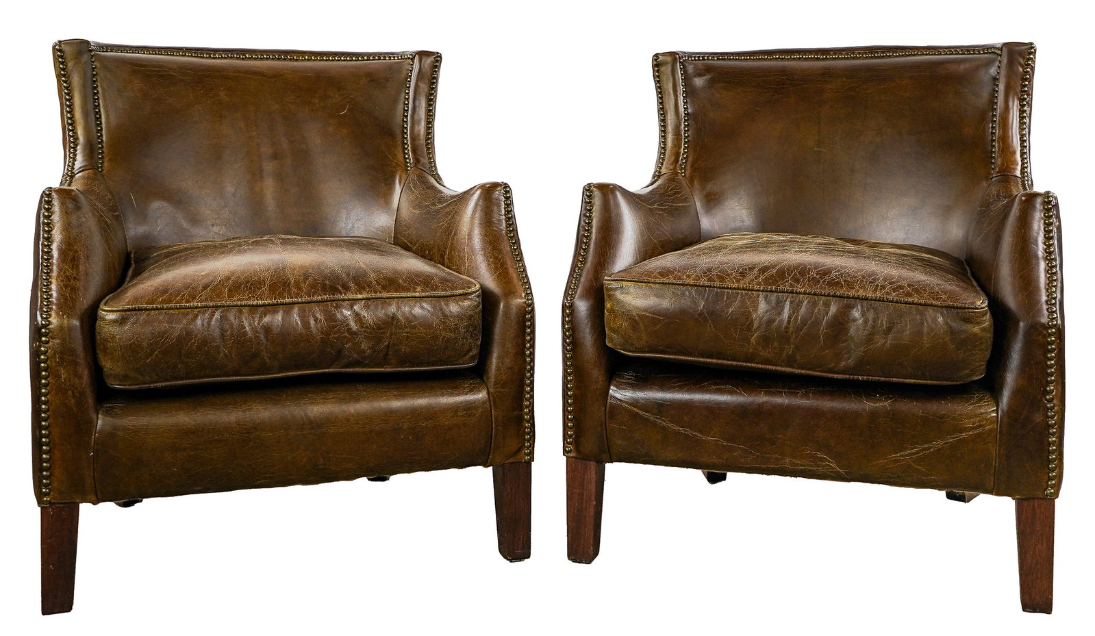 Pair of Leather Club Chairs: Pair of Nobel House Furniture Club chairs upholstered in chocolate leather - 34 x 27 x 33"